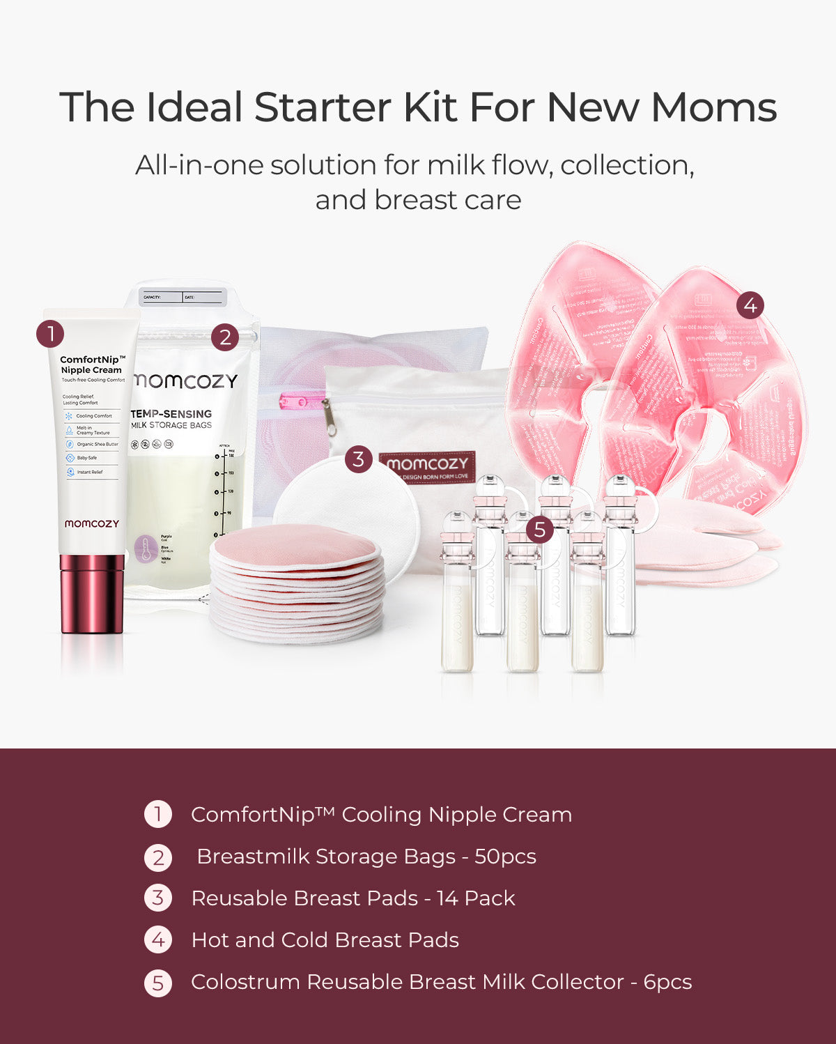 Hospital Essentials Bundle: Hot and Cold Breast Pads, Colostrum Milk Collector, Milk Bags, Breast Pads & Nipple Cream