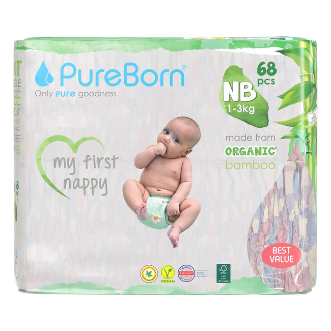 Pure Born Organic Bamboo Baby Diapers NB 68 Hover Image