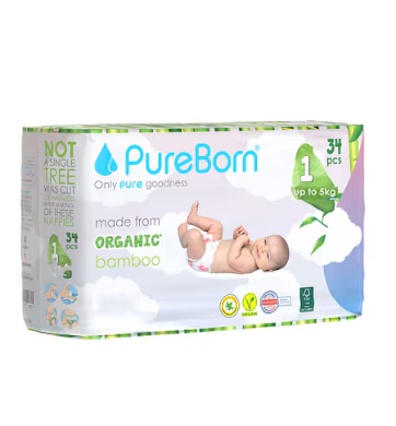 Pure Born Organic Bamboo Baby Diapers No. 1, 34 For New Born Hover Image
